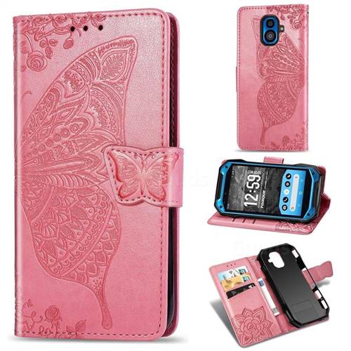 Embossing Mandala Flower Butterfly Leather Wallet Case for Kyocera Torque G04 - Pink