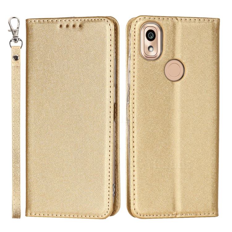 Ultra Slim Magnetic Automatic Suction Silk Lanyard Leather Flip Cover for Kyocera KY-51B - Golden