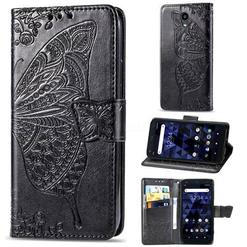 Embossing Mandala Flower Butterfly Leather Wallet Case for Kyocera Digno BX - Black
