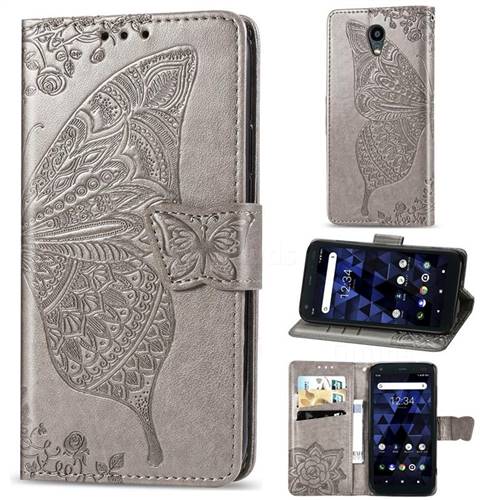 Embossing Mandala Flower Butterfly Leather Wallet Case for Kyocera Digno BX - Gray
