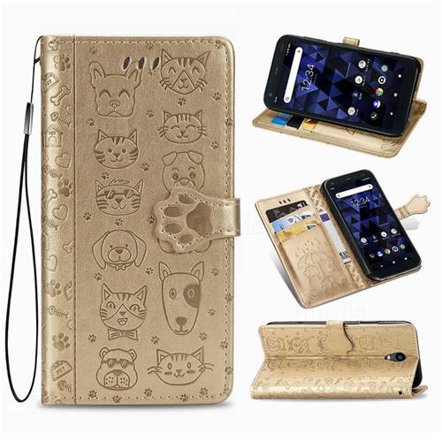 Embossing Dog Paw Kitten and Puppy Leather Wallet Case for Kyocera Digno BX - Champagne Gold