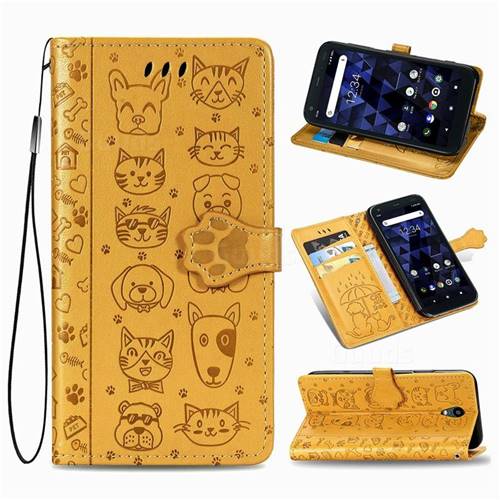 Embossing Dog Paw Kitten and Puppy Leather Wallet Case for Kyocera Digno BX - Yellow