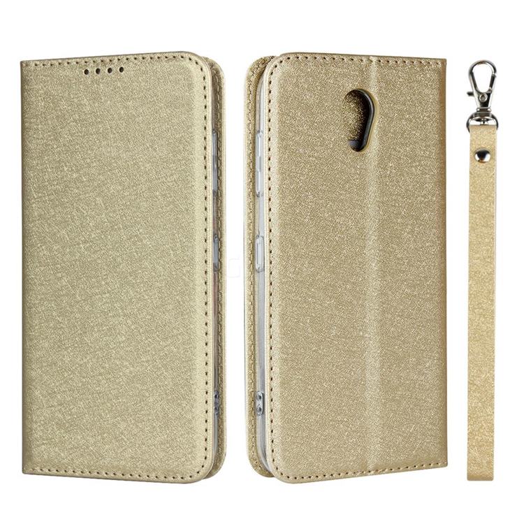 Ultra Slim Magnetic Automatic Suction Silk Lanyard Leather Flip Cover for Kyocera Digno BX 901KC - Golden