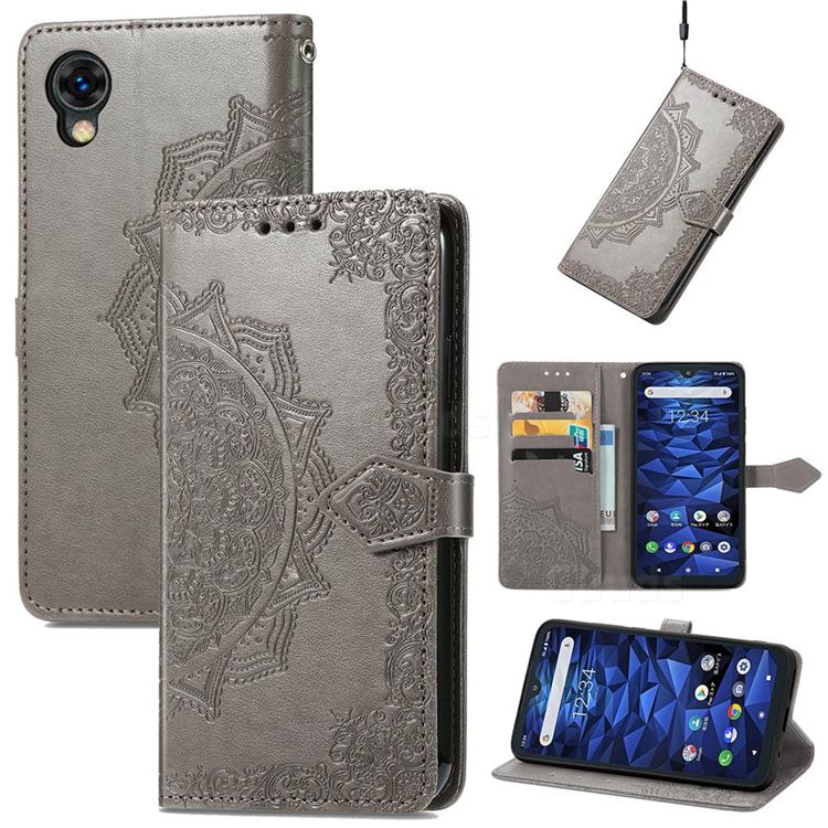 Embossing Imprint Mandala Flower Leather Wallet Case for Kyocera Digno BX2 A101KC - Gray