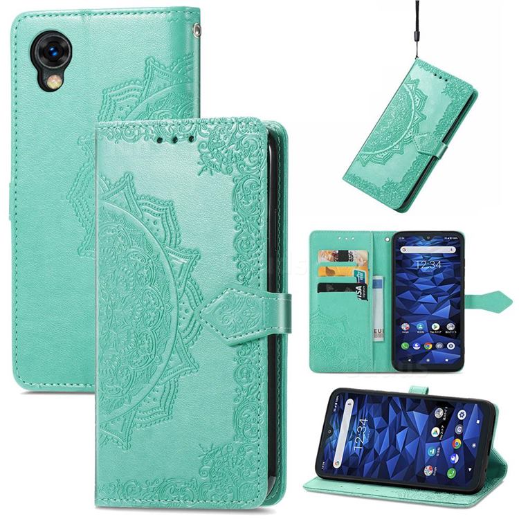 Embossing Imprint Mandala Flower Leather Wallet Case for Kyocera Digno BX2 A101KC - Green