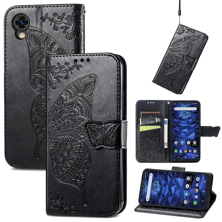 Embossing Mandala Flower Butterfly Leather Wallet Case for Kyocera Digno BX2 A101KC - Black