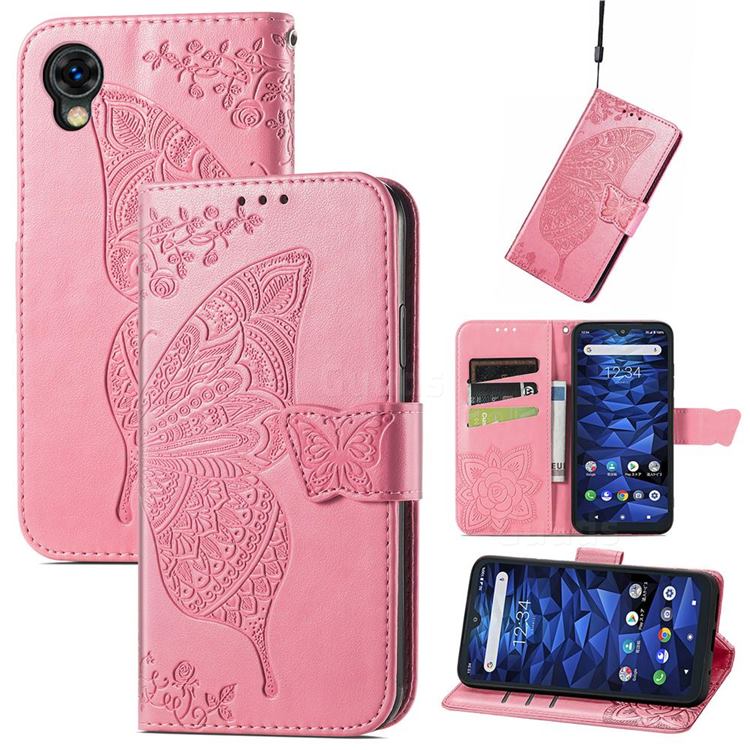 Embossing Mandala Flower Butterfly Leather Wallet Case for Kyocera Digno BX2 A101KC - Pink