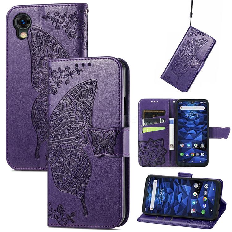 Embossing Mandala Flower Butterfly Leather Wallet Case for Kyocera Digno BX2 A101KC - Dark Purple
