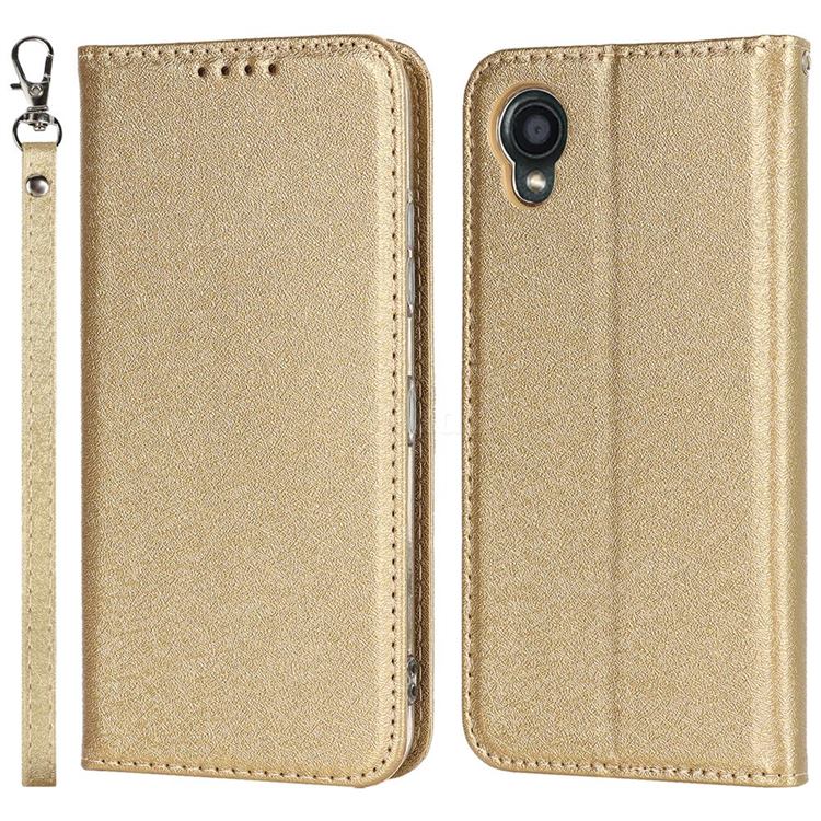 Ultra Slim Magnetic Automatic Suction Silk Lanyard Leather Flip Cover for Kyocera Digno BX2 A101KC - Golden