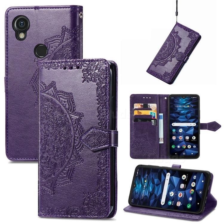 Embossing Imprint Mandala Flower Leather Wallet Case for Kyocera Digno SX3 - Purple