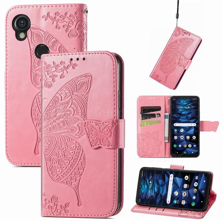 Embossing Mandala Flower Butterfly Leather Wallet Case for Kyocera Digno SX3 - Pink