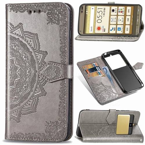 Embossing Imprint Mandala Flower Leather Wallet Case for Kyocera Basio3 KYV43 - Gray