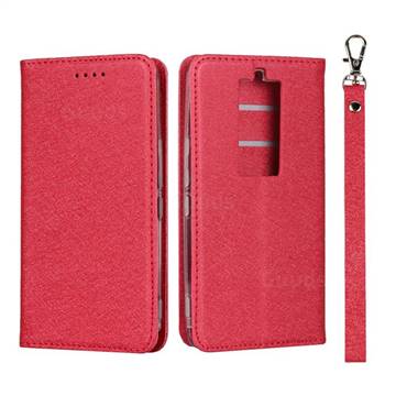 Ultra Slim Magnetic Automatic Suction Silk Lanyard Leather Flip Cover for Kyocera Basio3 KYV43 - Red