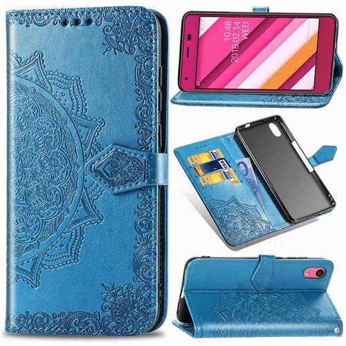 Embossing Imprint Mandala Flower Leather Wallet Case for Kyocera Qua phone QZ KYV44 - Blue