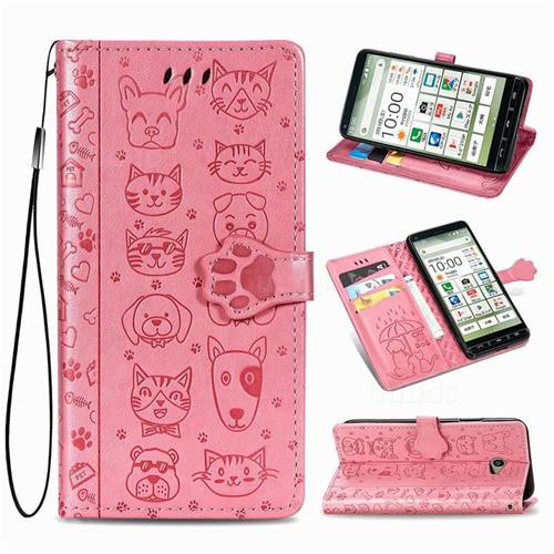 Embossing Dog Paw Kitten and Puppy Leather Wallet Case for Kyocera BASIO4 KYV47 - Pink