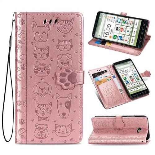 Embossing Dog Paw Kitten and Puppy Leather Wallet Case for Kyocera BASIO4 KYV47 - Rose Gold