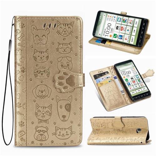 Embossing Dog Paw Kitten and Puppy Leather Wallet Case for Kyocera BASIO4 KYV47 - Champagne Gold
