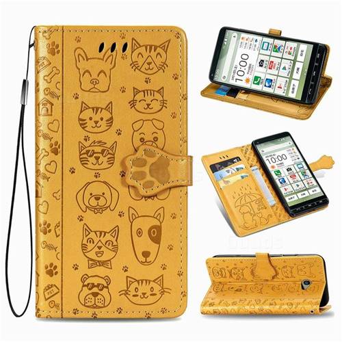 Embossing Dog Paw Kitten and Puppy Leather Wallet Case for Kyocera BASIO4 KYV47 - Yellow