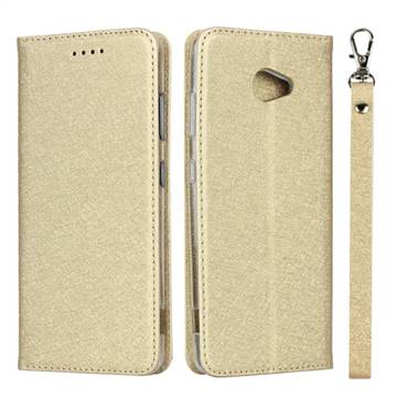 Ultra Slim Magnetic Automatic Suction Silk Lanyard Leather Flip Cover for Kyocera BASIO4 KYV47 - Golden