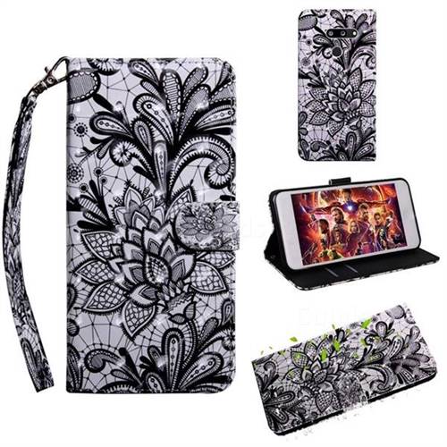 Black Lace Rose 3D Painted Leather Wallet Case for LG G8 ThinQ
