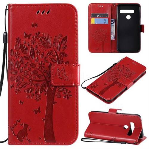 Embossing Butterfly Tree Leather Wallet Case for LG G8 ThinQ - Red