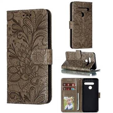 Intricate Embossing Lace Jasmine Flower Leather Wallet Case for LG G8 ThinQ - Gray
