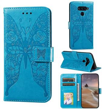 Intricate Embossing Rose Flower Butterfly Leather Wallet Case for LG G8 ThinQ - Blue