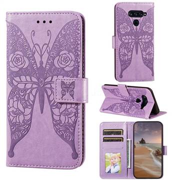Intricate Embossing Rose Flower Butterfly Leather Wallet Case for LG G8 ThinQ - Purple