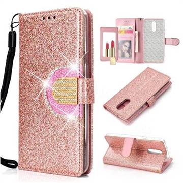 Glitter Diamond Buckle Splice Mirror Leather Wallet Phone Case for LG Stylo 4 - Rose Gold