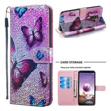 Blue Butterfly Sequins Painted Leather Wallet Case for LG Stylo 4