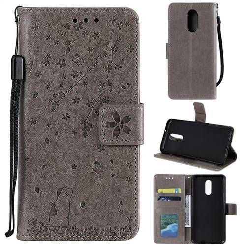 Embossing Cherry Blossom Cat Leather Wallet Case for LG Stylo 4 - Gray