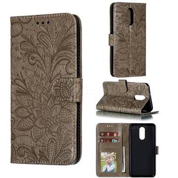 Intricate Embossing Lace Jasmine Flower Leather Wallet Case for LG Stylo 4 - Gray