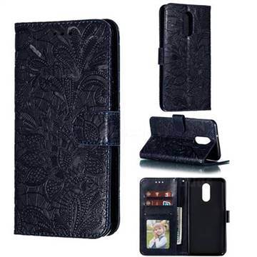 Intricate Embossing Lace Jasmine Flower Leather Wallet Case for LG Stylo 4 - Dark Blue