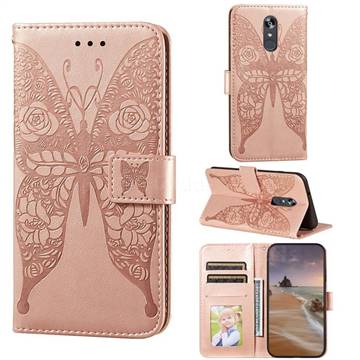 Intricate Embossing Rose Flower Butterfly Leather Wallet Case for LG Stylo 4 - Rose Gold