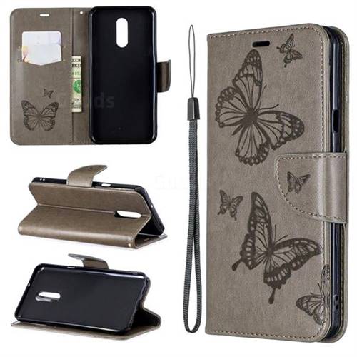 Embossing Double Butterfly Leather Wallet Case for LG Stylo 5 - Gray