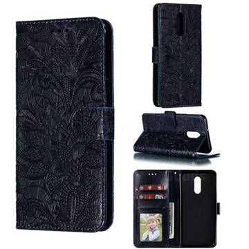 Intricate Embossing Lace Jasmine Flower Leather Wallet Case for LG Stylo 5 - Dark Blue