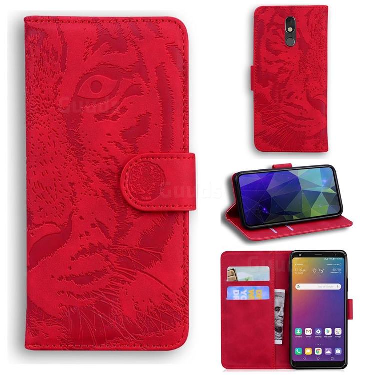 Intricate Embossing Tiger Face Leather Wallet Case for LG Stylo 5 - Red