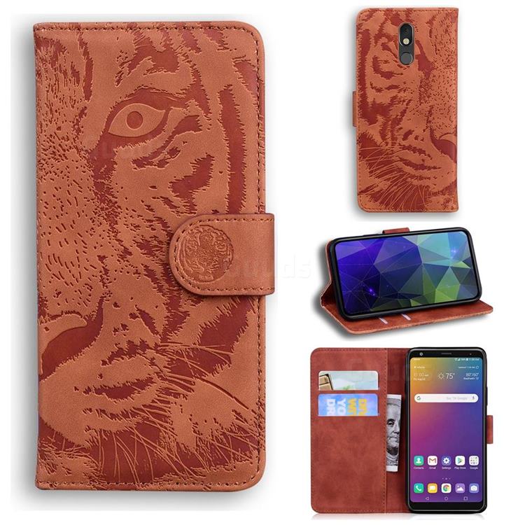 Intricate Embossing Tiger Face Leather Wallet Case for LG Stylo 5 - Brown