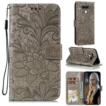 Intricate Embossing Lace Jasmine Flower Leather Wallet Case for LG Stylo 6 - Gray