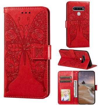 Intricate Embossing Rose Flower Butterfly Leather Wallet Case for LG Stylo 6 - Red