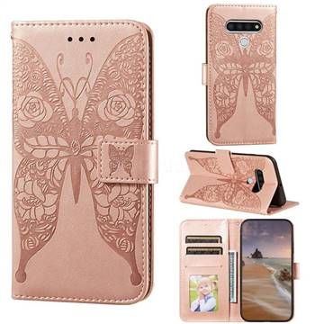 Intricate Embossing Rose Flower Butterfly Leather Wallet Case for LG Stylo 6 - Rose Gold