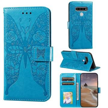 Intricate Embossing Rose Flower Butterfly Leather Wallet Case for LG Stylo 6 - Blue