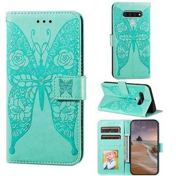 Intricate Embossing Rose Flower Butterfly Leather Wallet Case for LG Stylo 6 - Green