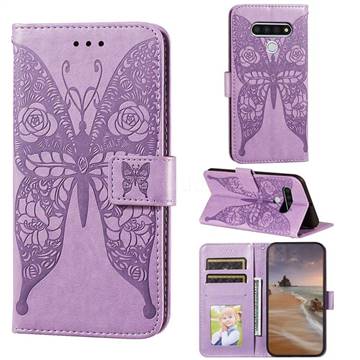Intricate Embossing Rose Flower Butterfly Leather Wallet Case for LG Stylo 6 - Purple