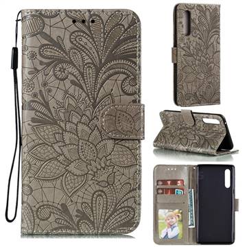 Intricate Embossing Lace Jasmine Flower Leather Wallet Case for LG Velvet 5G (LG G9 G900) - Gray