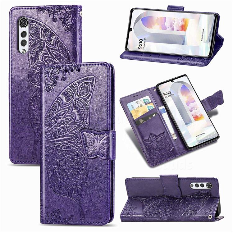 Embossing Mandala Flower Butterfly Leather Wallet Case for LG Velvet 5G (LG G9 G900) - Dark Purple