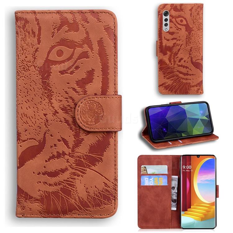 Intricate Embossing Tiger Face Leather Wallet Case for LG Velvet 5G (LG G9 G900) - Brown