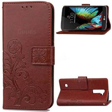 Embossing Imprint Four-Leaf Clover Leather Wallet Case for LG K10 - Brown