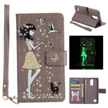 Luminous Flower Girl Cat Leather Wallet Case for LG K10 2017 - Gray