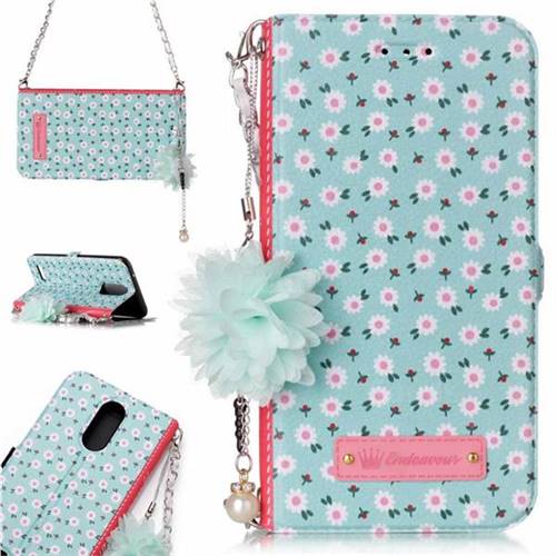 Daisy Endeavour Florid Pearl Flower Pendant Metal Strap PU Leather Wallet Case for LG K10 2017